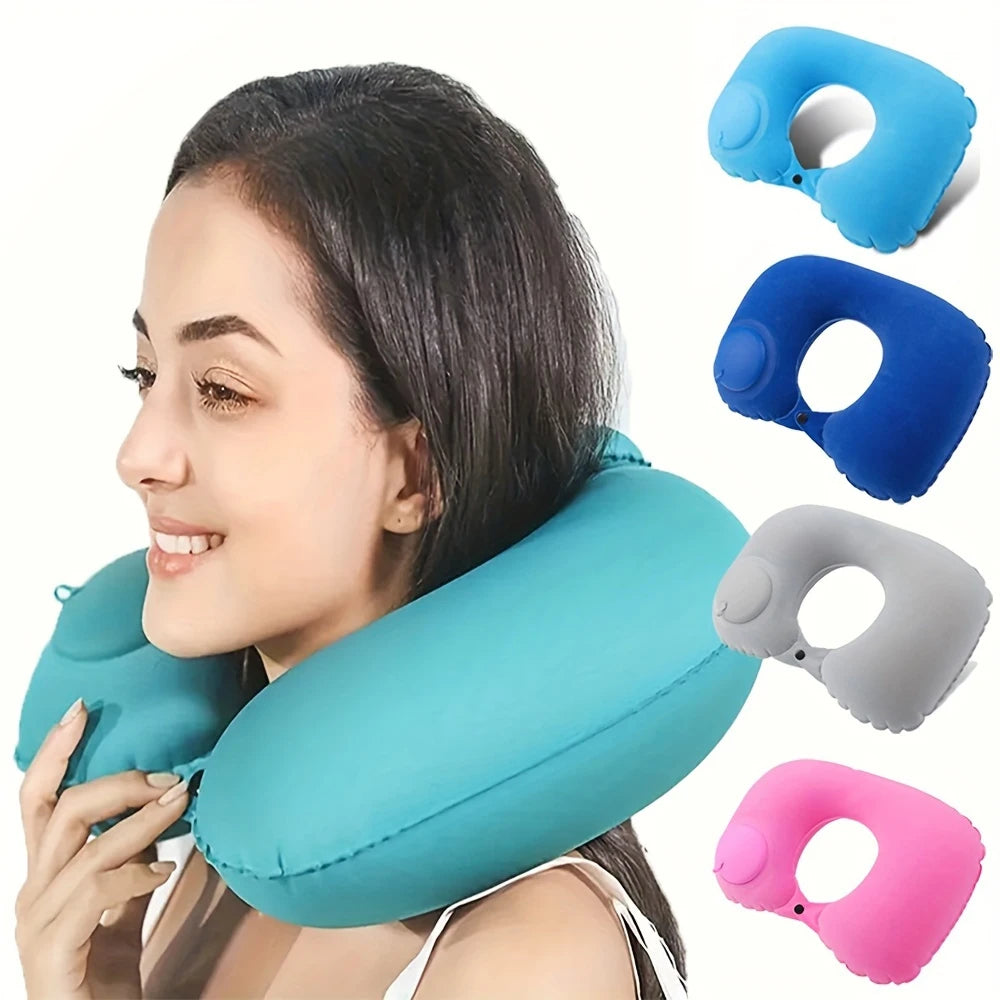 A woman is shown using a light blue self-inflating travel neck pillow with soft flocking covers in various shapes and colors.