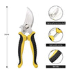 Pair of silver stainless steel bypass pruning shears with yellow ergonomic grips and a black non-slip coating