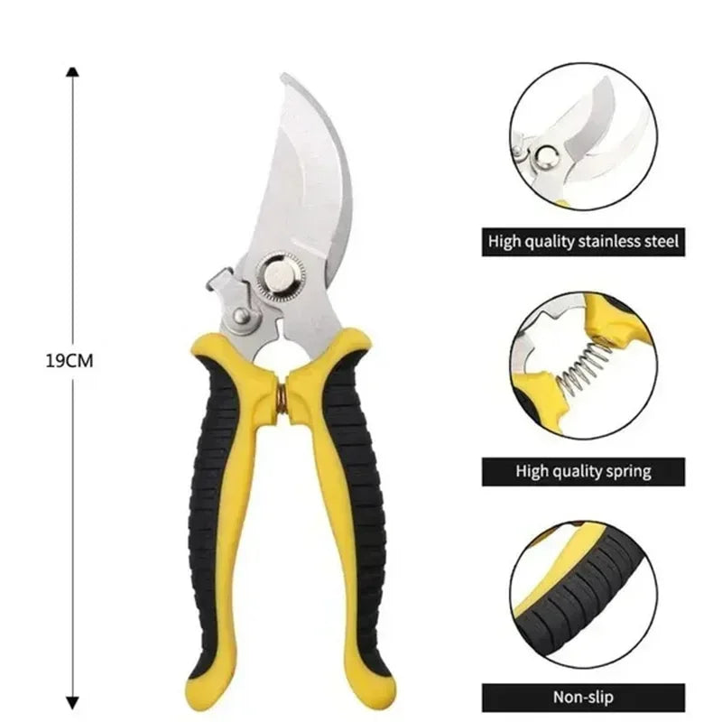 Pair of silver stainless steel bypass pruning shears with yellow ergonomic grips and a black non-slip coating