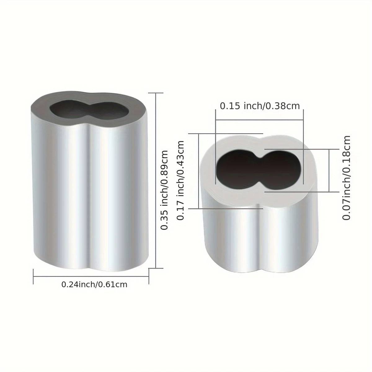 A silver aluminum double barrel crimp sleeve with internal features shown in profile and top view.