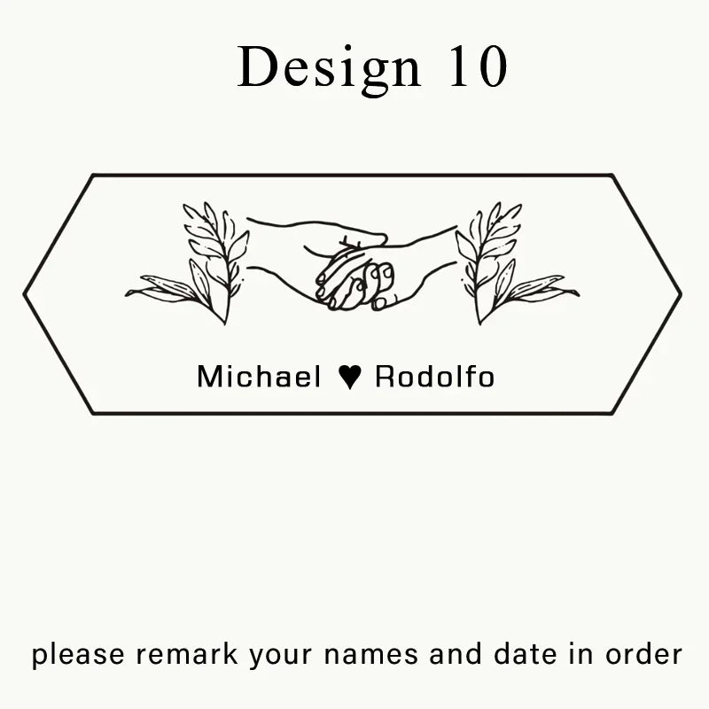 A design featuring a handprint and foliage, with the text Design 10 and Michael and Rodolfo's names.