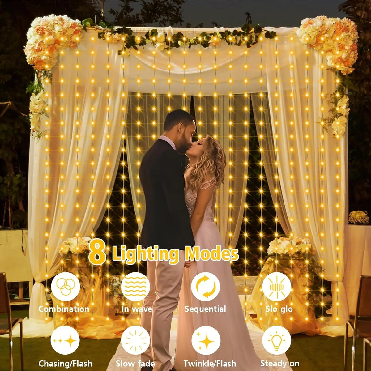 A couple is framed by a sheer curtain of warm string lights in an outdoor setting, showcasing 8 lighting modes.