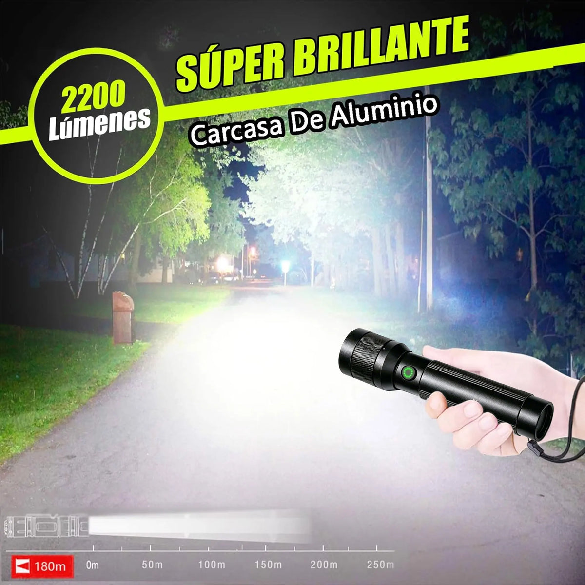 A hand holds a bright aluminum casing flashlight emitting a strong beam in a nighttime outdoor setting.