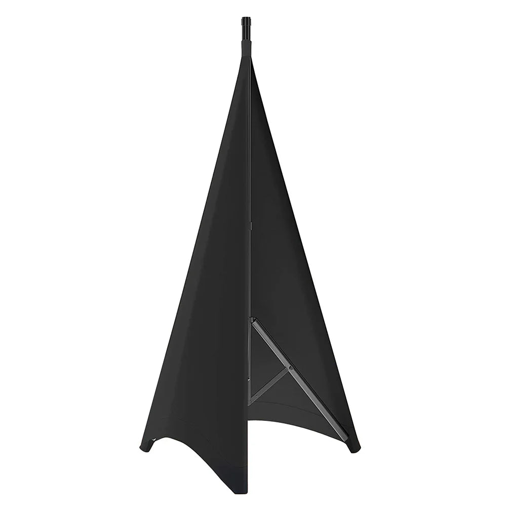 Black universal stretchable speaker stand cover shown in a vertical, triangular shape.
