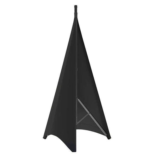 Black universal stretchable speaker stand cover shown in a vertical, triangular shape.