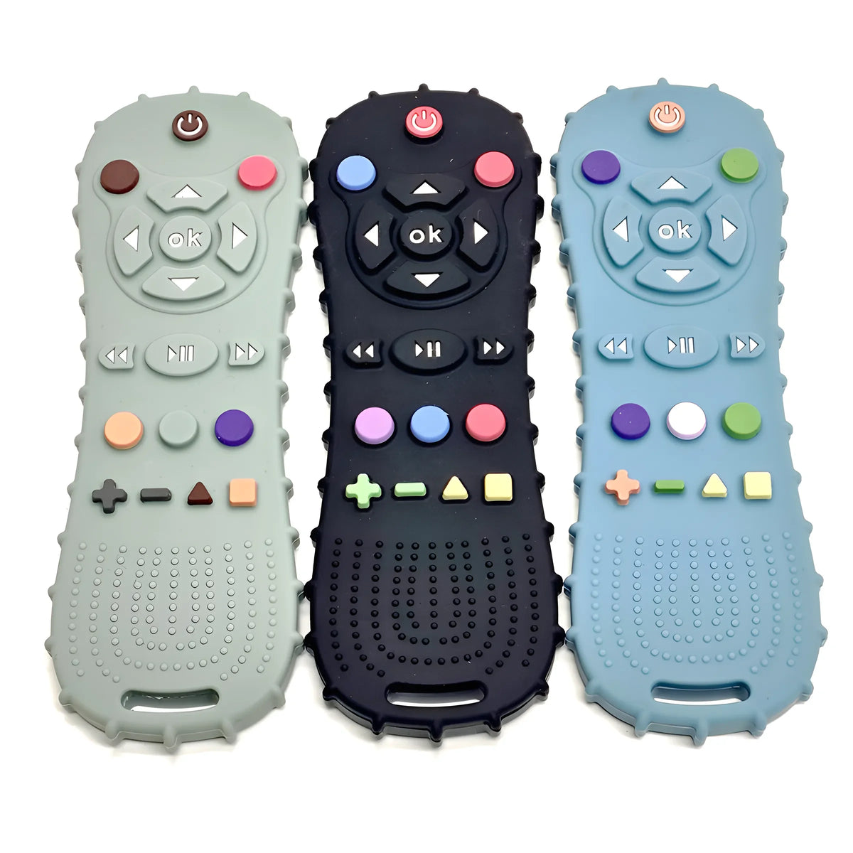 Three silicone baby teethers in green, black, and light blue with various shapes and buttons