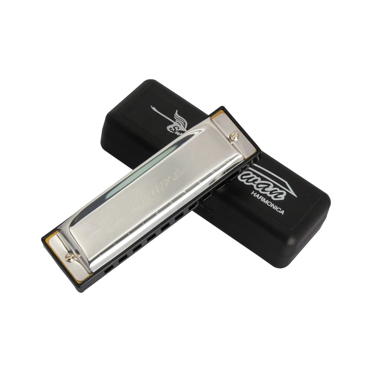 Silver harmonica in a black case, showing the harmonica and its protective cover.
