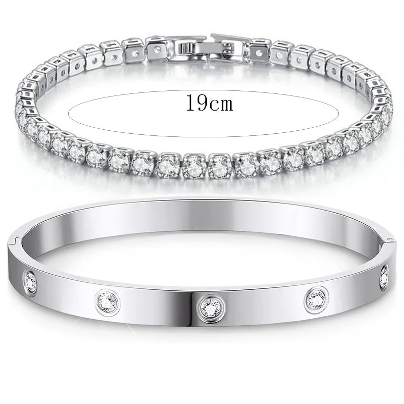 14K Gold-Plated CZ Tennis Bracelet & Bangle Set