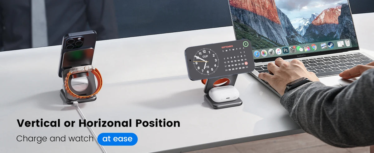 A magnetic wireless charging stand is shown next to a laptop, demonstrating vertical or horizontal positioning for charging d