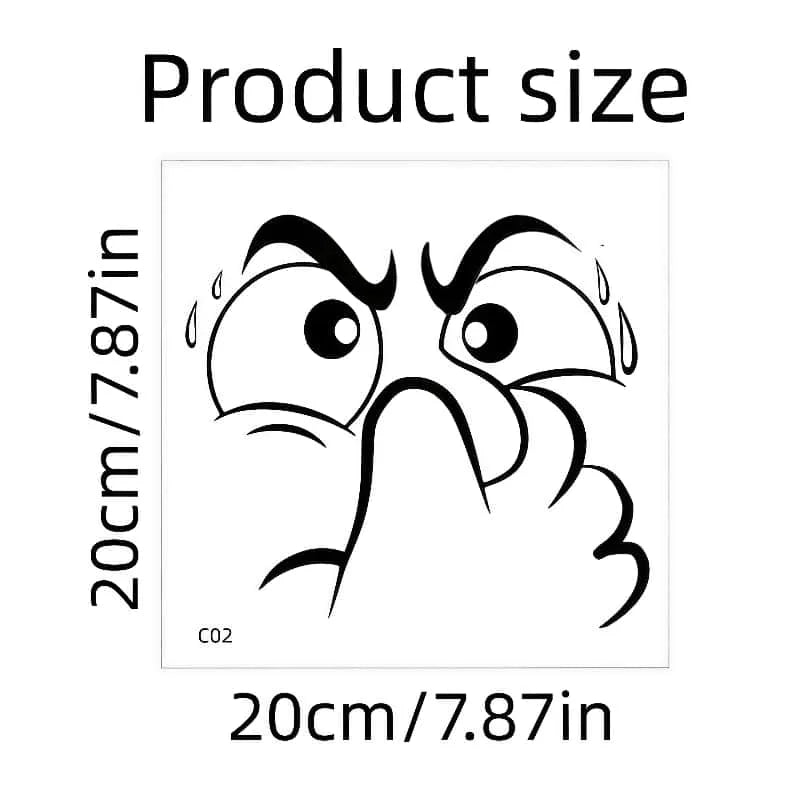 A black and white drawing of an expressive face peeking over a hand, illustrating the size of a toilet lid sticker.