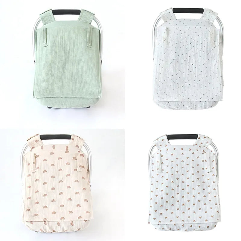 A beige breathable 2-in-1 car seat cover and mosquito net for babies shown in various views.