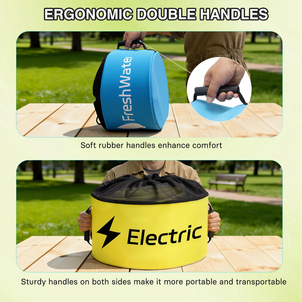 Ergonomic double handles on a blue FreshWater bag and a yellow Electric bag for enhanced comfort and portability.