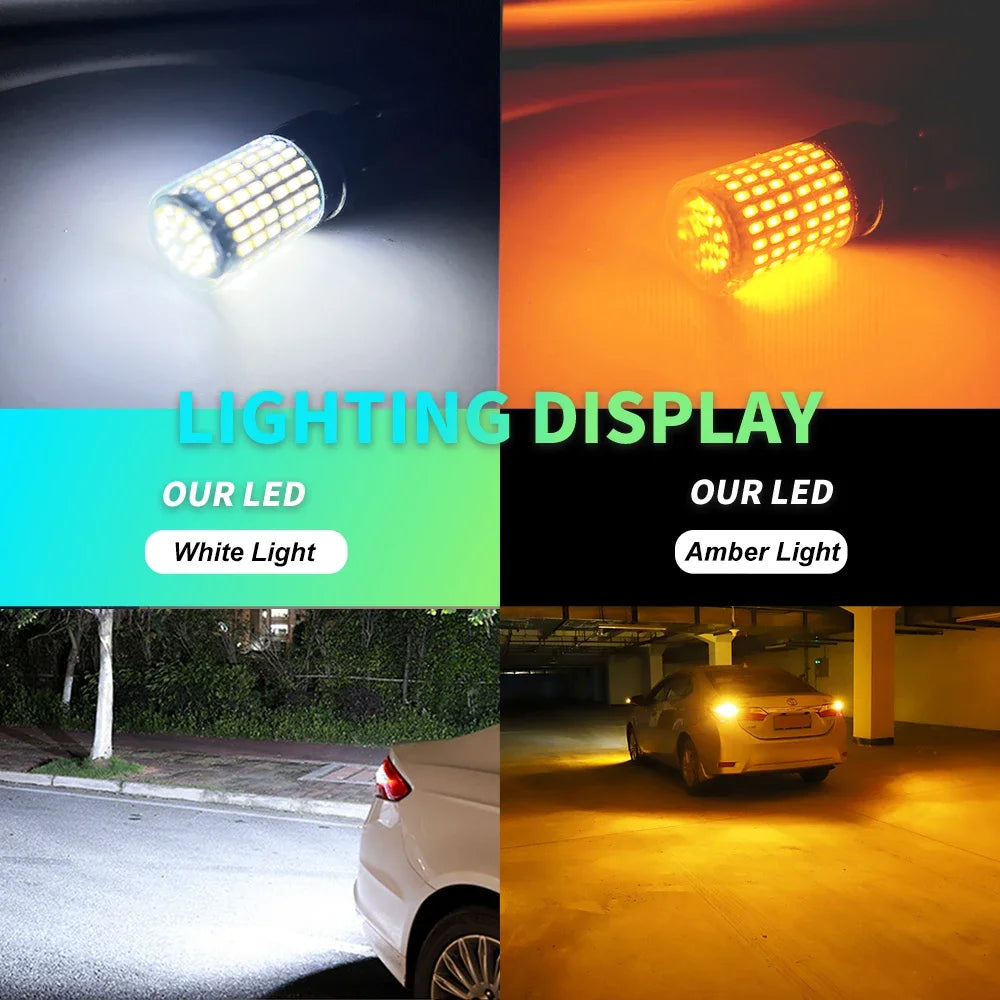 A display showing white and amber LED lights, with a car's brake light illuminating the ground.