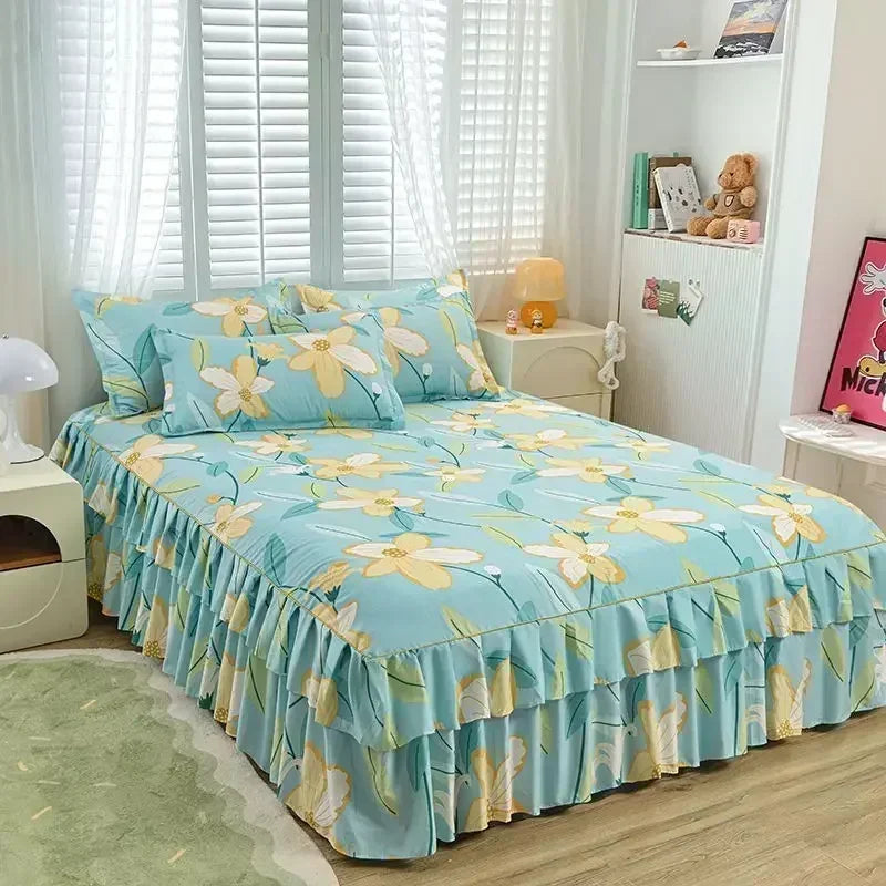 Floral Bed Skirt Set with Anti-Slip Mattress Cover