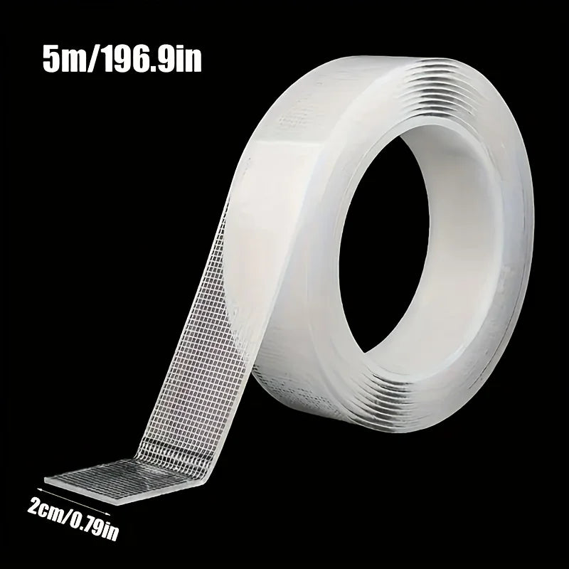 Roll of white nano double-sided tape measuring 5m or 196.9 inches with a 2cm or 0.79in width.