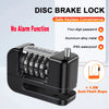A black disc brake lock is shown with a four-digit password feature and an aluminum alloy metal construction.