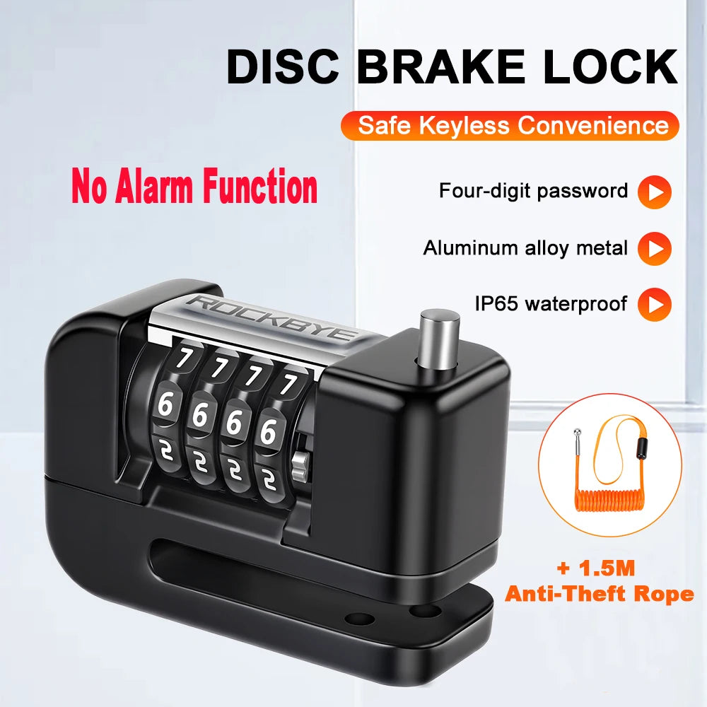A black disc brake lock is shown with a four-digit password feature and an aluminum alloy metal construction.