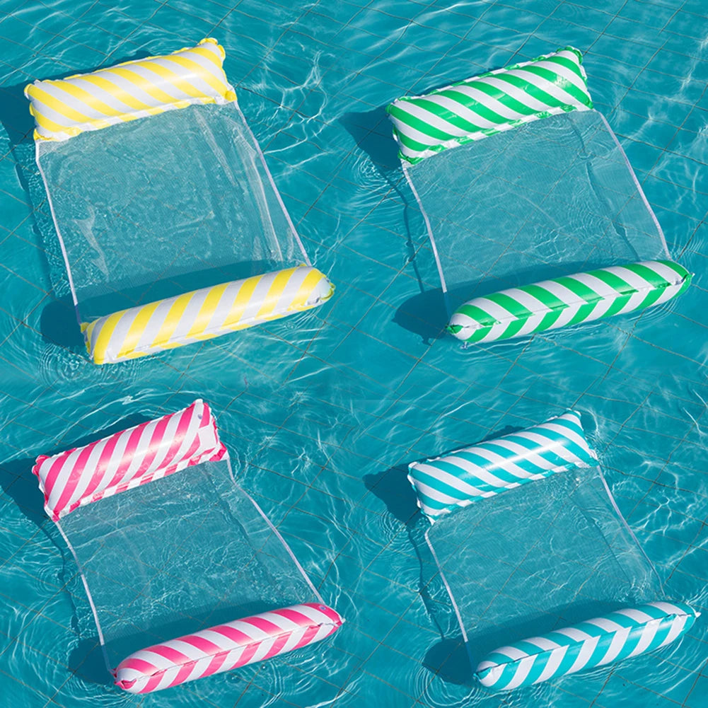 Foldable floating water hammock with striped yellow, green, and pink floats floating on clear water.
