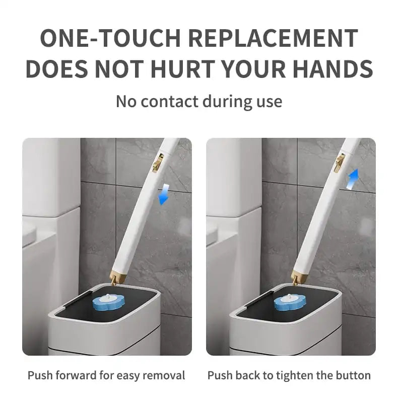 A disposable toilet brush set showing the ease of replacement with no contact during use.