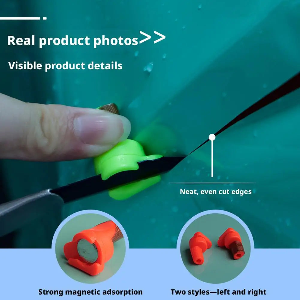 A hand uses a tool to demonstrate the magnetic film cutting guide, showing its neat edges and strong magnetic adsorption.