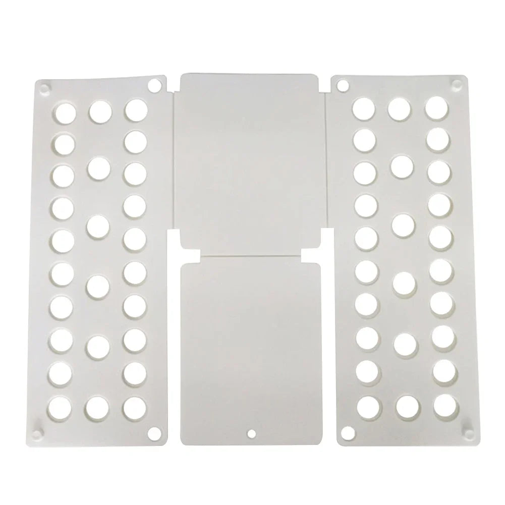 A white portable clothes folding board with multiple circular holes for hanging laundry.