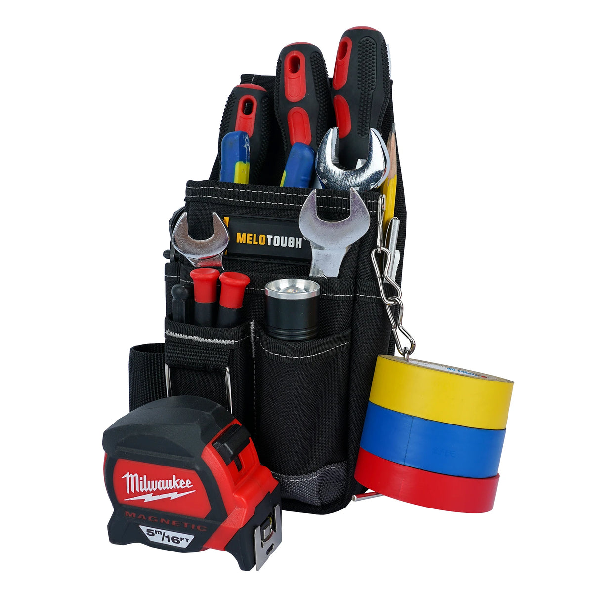 A black tool pouch with various tools and a belt clip, including pliers and a Milwaukee magnetic screwdriver.