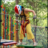 A person wearing a red helmet is using a pre-sewn nylon cord loop sling for climbing and rescue practice.