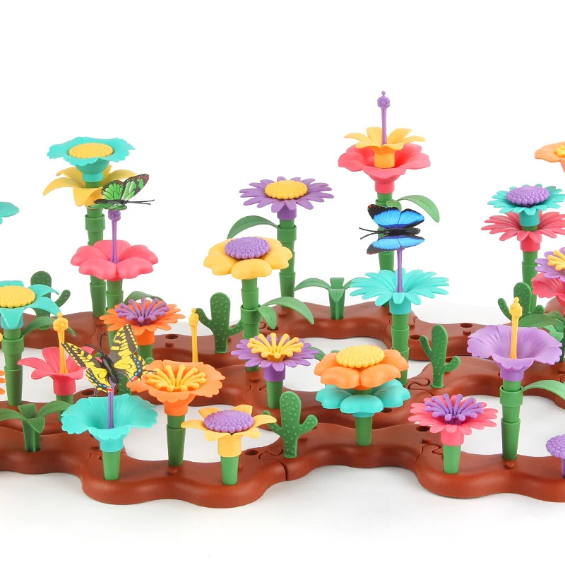 A colorful building toy featuring various flowers and plants in green and pink tones.