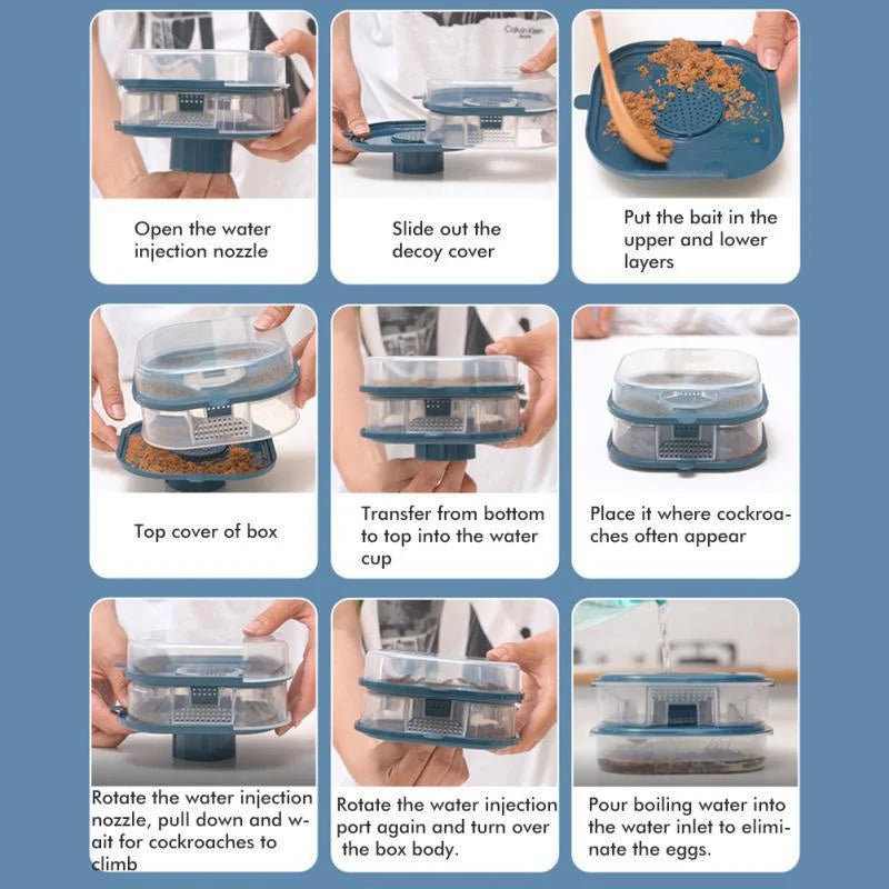 Instructions showing how to open, load, cover, and use a reusable non-toxic cockroach trap.