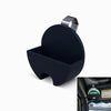 A dark blue car sun visor can holder with a metal belt clip.
