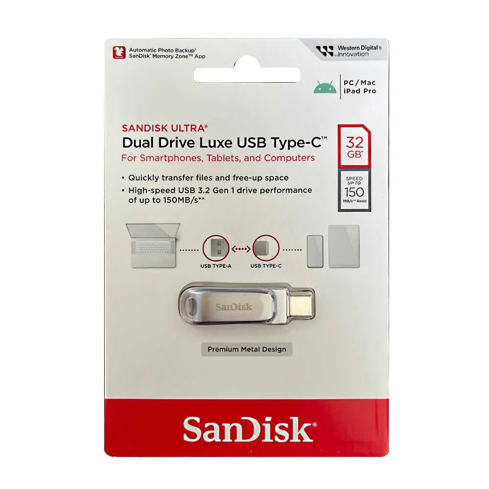 SanDisk Ultra Dual Drive Luxe USB Type-C and Type-A flash drive packaged in a white cardboard sleeve.