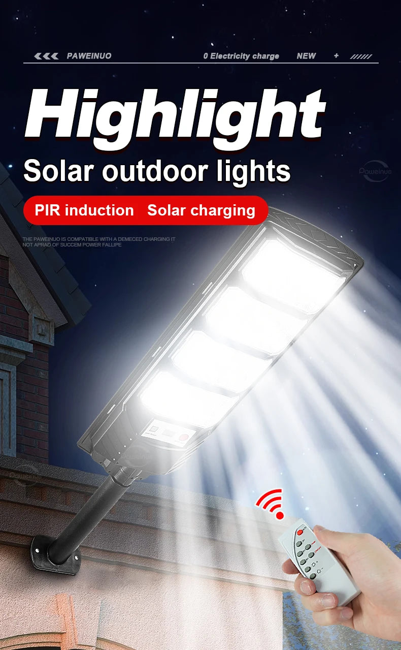 A spotlight solar outdoor light is mounted on a wall, with a hand holding a remote control nearby.