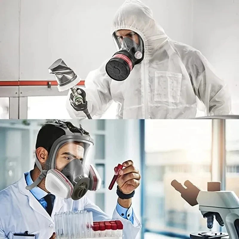 A scientist wearing a full face respirator mask is working in a lab environment.
