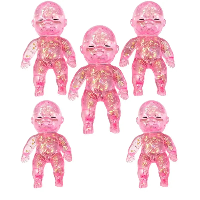 A set of five pink glitter squishy stress relief toys made of soft silicone for fidgeting.