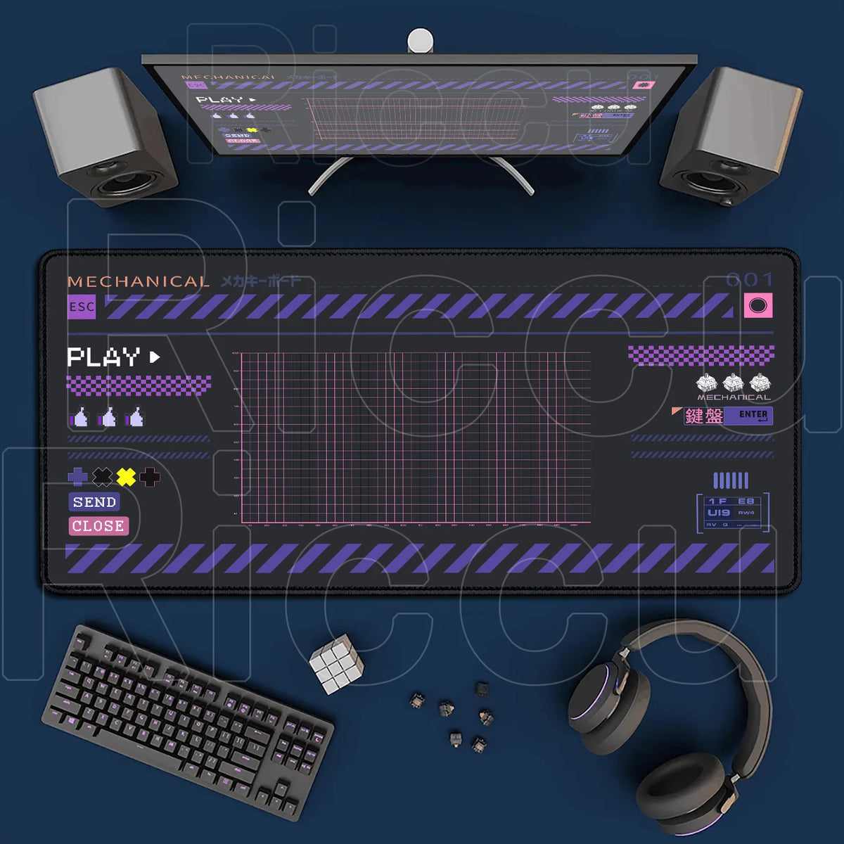 A large mouse pad with a mechanical keyboard, headphones, and mouse visible on a dark surface.