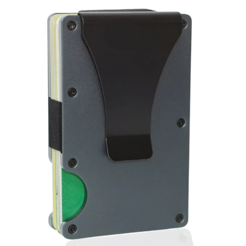 A slim gray aluminum wallet with a black RFID blocking feature and a green accent.