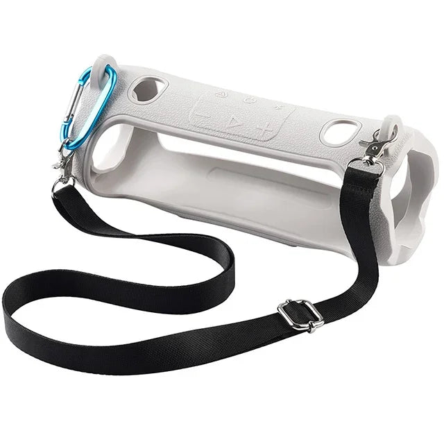 A white silicone protective case with a blue strap and black wrist strap for a JBL Charge 6 speaker.