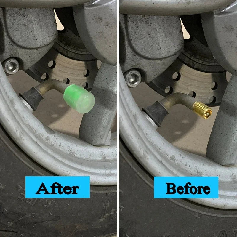 Before and after comparison of luminous tire valve caps with glow-in-the-dark design