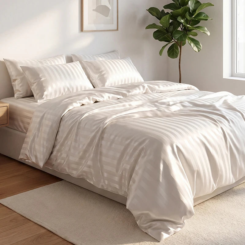 A white satin striped jacquard duvet cover set displayed on a bed with natural light and a potted plant in the background.