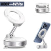 A white magnetic car phone holder with a foldable adjustable arm shown in various configurations.
