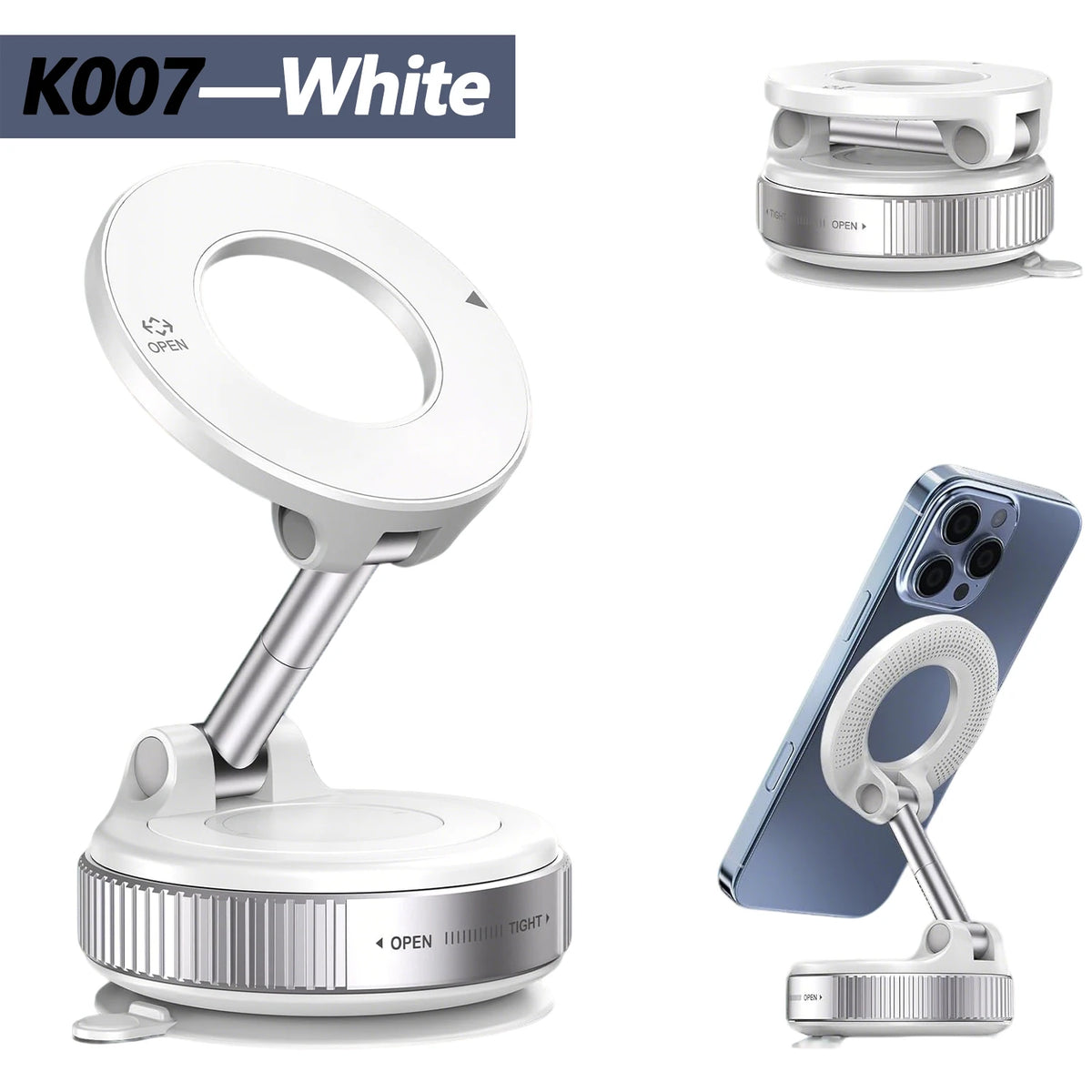 A white magnetic car phone holder with a foldable adjustable arm shown in various configurations.