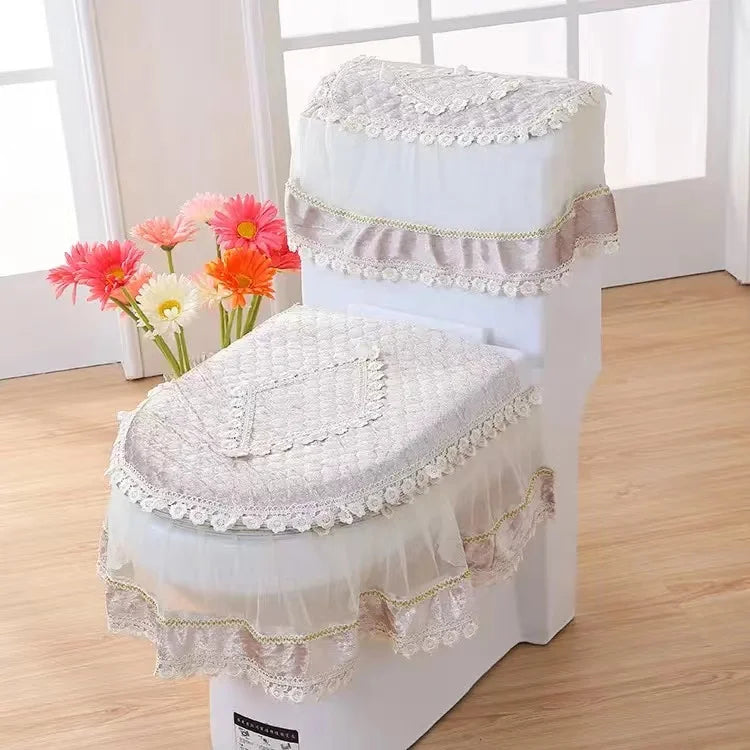 White antibacterial toilet seat cover set with a washable lace cushion and decorative trim
