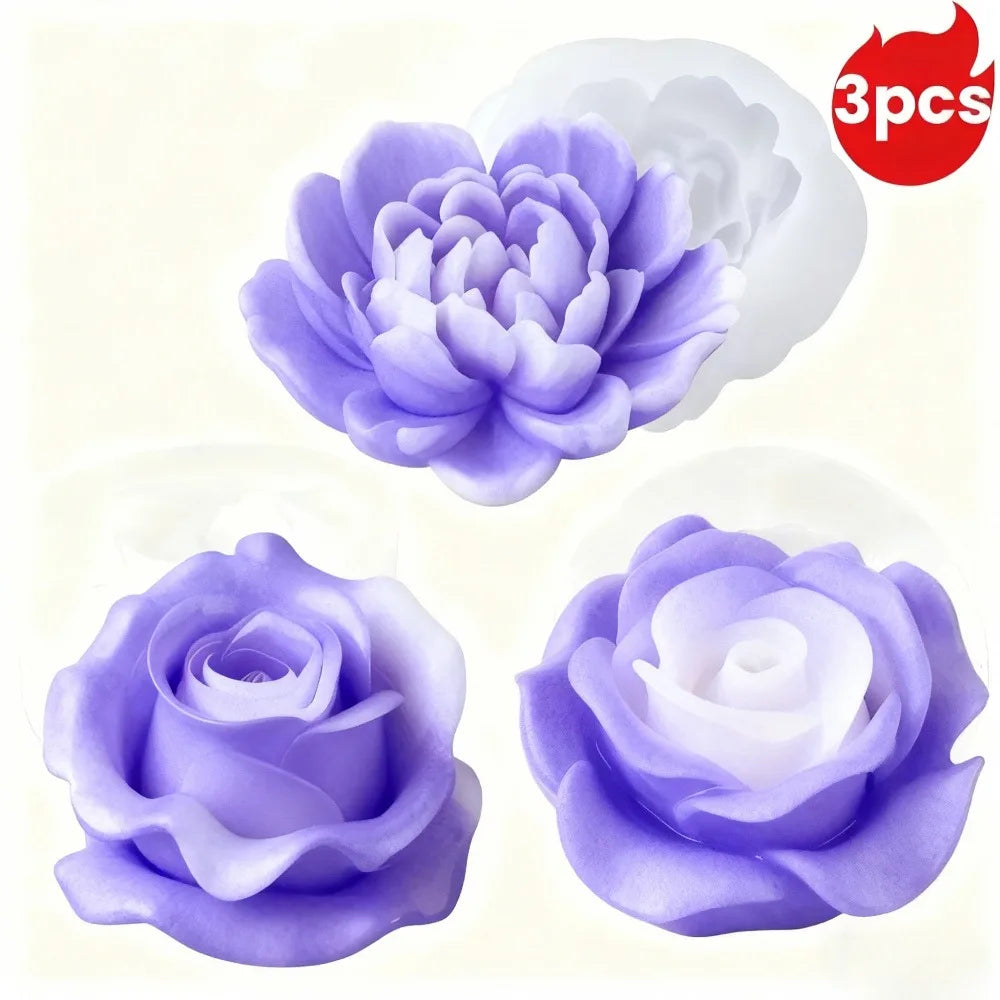 Three silicone candle molds featuring purple rose and peony flower designs.
