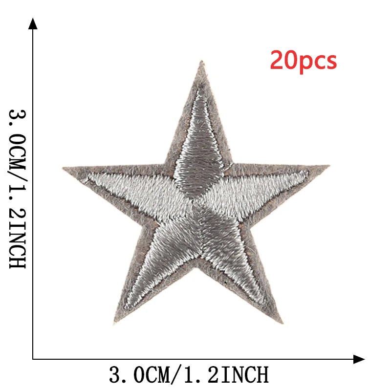 A set of 20 star-shaped embroidery patches with gray and beige tones, measuring 3cm or 1.2 inches across.