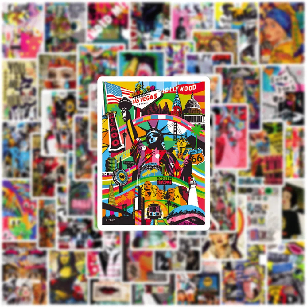 A collage of colorful artistic stickers featuring landmarks and vibrant designs.