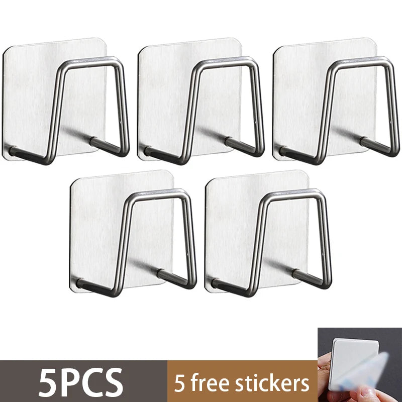 Five stainless steel sponge holders with black grips displayed against a white background.