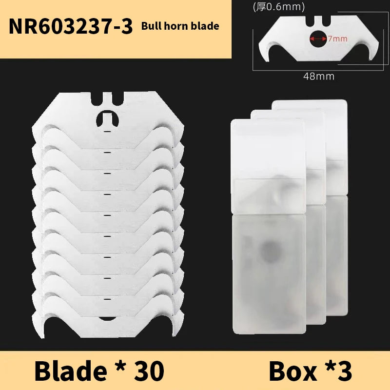 Set of 3 white bull horn blades and storage boxes for utility work
