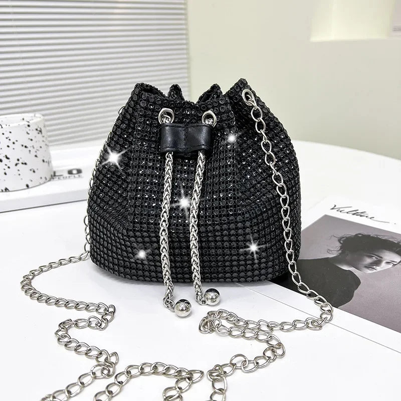 Rhinestone Bucket Crossbody Bag with Detachable Chain Strap