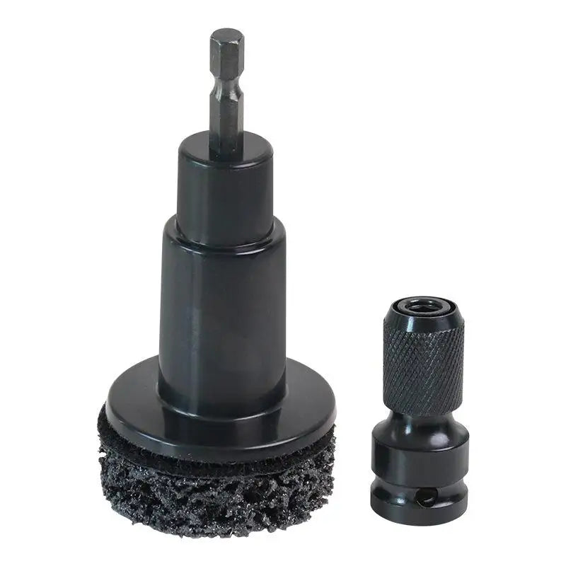 A black drill attachment for wheel hub rust removal and polishing, featuring a cylindrical body and a coarse abrasive disc.