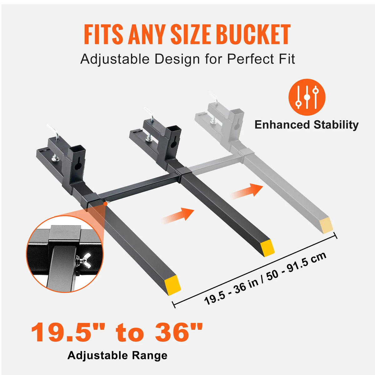 Adjustable metal clamp-on pallet forks shown in various angles and sizes for heavy duty lifting